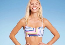 Shade Shore Bikini Top White/Multi Striped Cross-Back Swim Beach NWT 34D