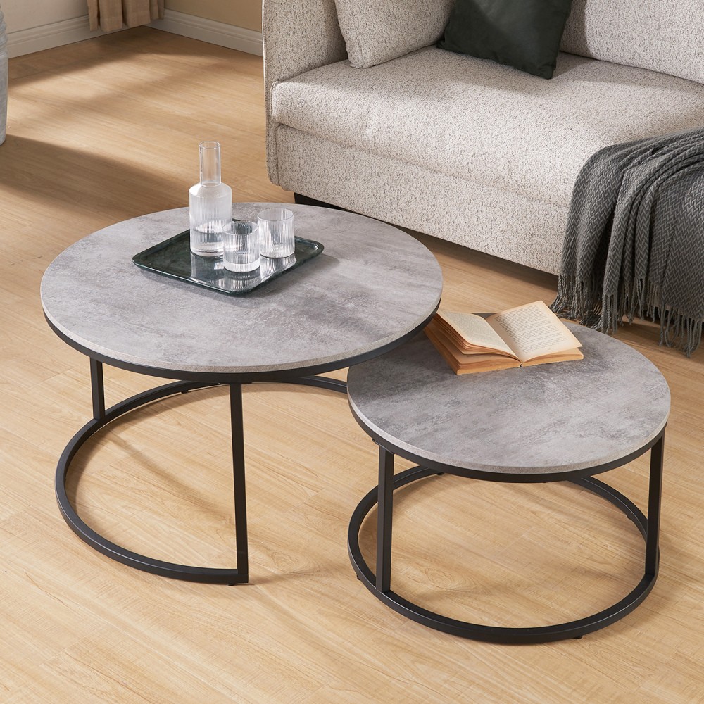 Round Nesting Coffee Tables Wood Grain Finish With Black Metal Frame Stackable