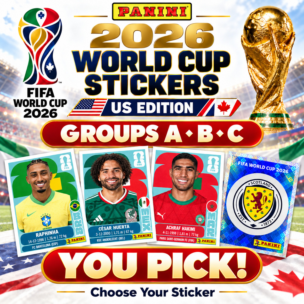 Panini FIFA World Cup 2026 Stickers US Edition Groups A B C You Pick