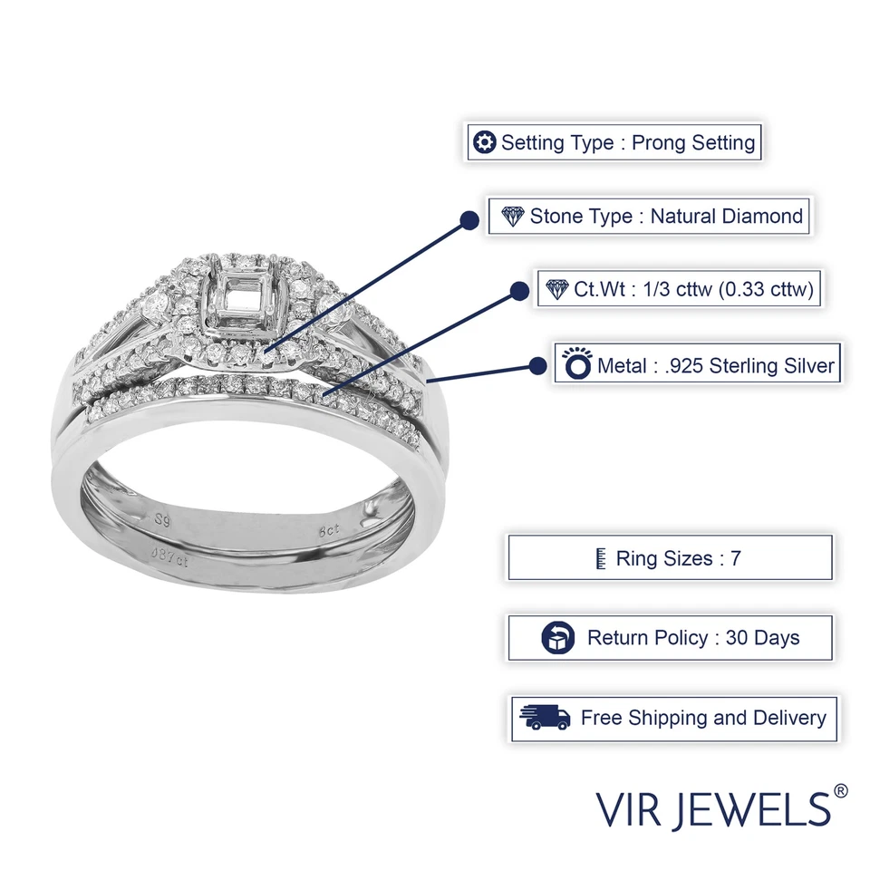 1/3 CT Diamond Semi Mount Bridal Set with Center Princess in Silver Size 7 - Image 4 of 4