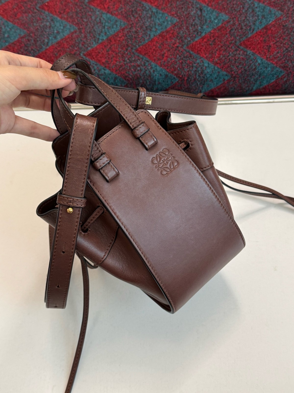 LOEWE Hammock Bucket Mini Brown Calfskin Leather Crossbody & Top Handle Bag Duty