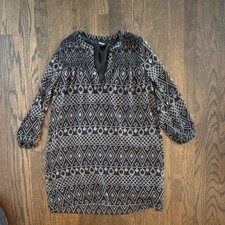 Madewell XS Black White Geometric Split Neck Smocked Silk Shift Dress