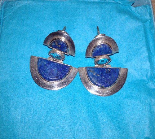 Mexican Style Sterling Silver 925 Blue Lapis Lazuli Topaz? Post Dangle Earrings