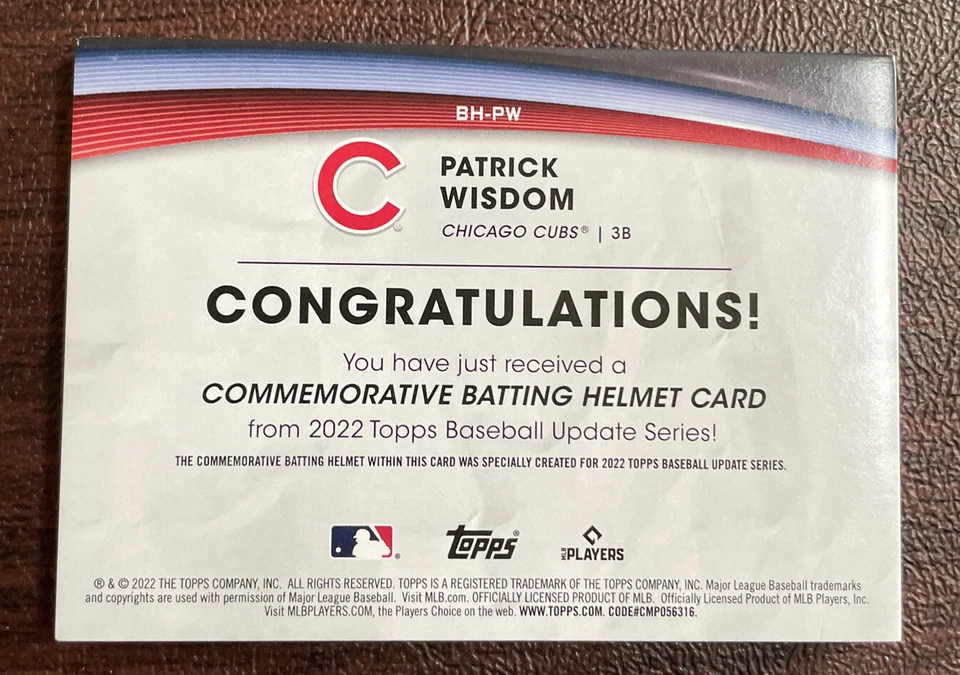 2022 Topps Update Patrick Wisdom Batting Helmet Insert. BLUE Variation.  #bh-pw - Image 2 of 2