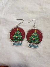 Snow Globe Christmas Earrings - Green/Red stocking stuffer idea or Family Gift