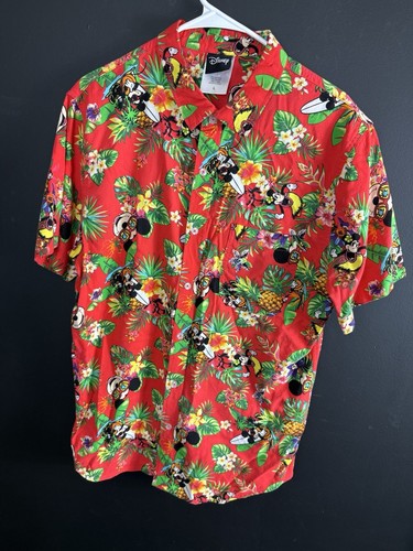 Disney Hawaiian Button Up Mickey Minnie Mouse Surfing Red Floral Shirt Large - Picture 3 of 6