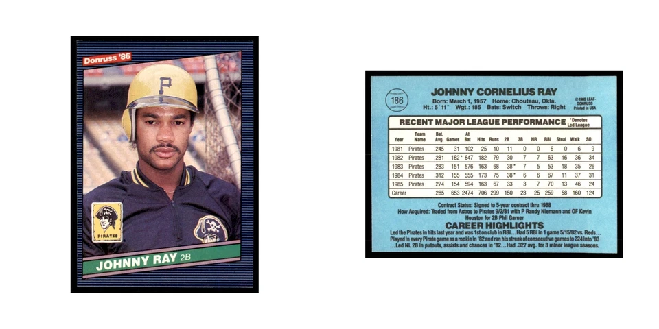 1986 Donruss Johnny Ray Pirates #186 - Image 3 of 3