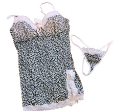 Vtg Y2K Rampage Baby Doll Camisole  Thong Panties Sz M Pink Animal Print Nighty