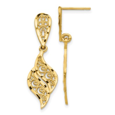 14k Yellow Gold Diamond Cut Filigree Swirl Drop Dangle Earrings 1.26 Inch