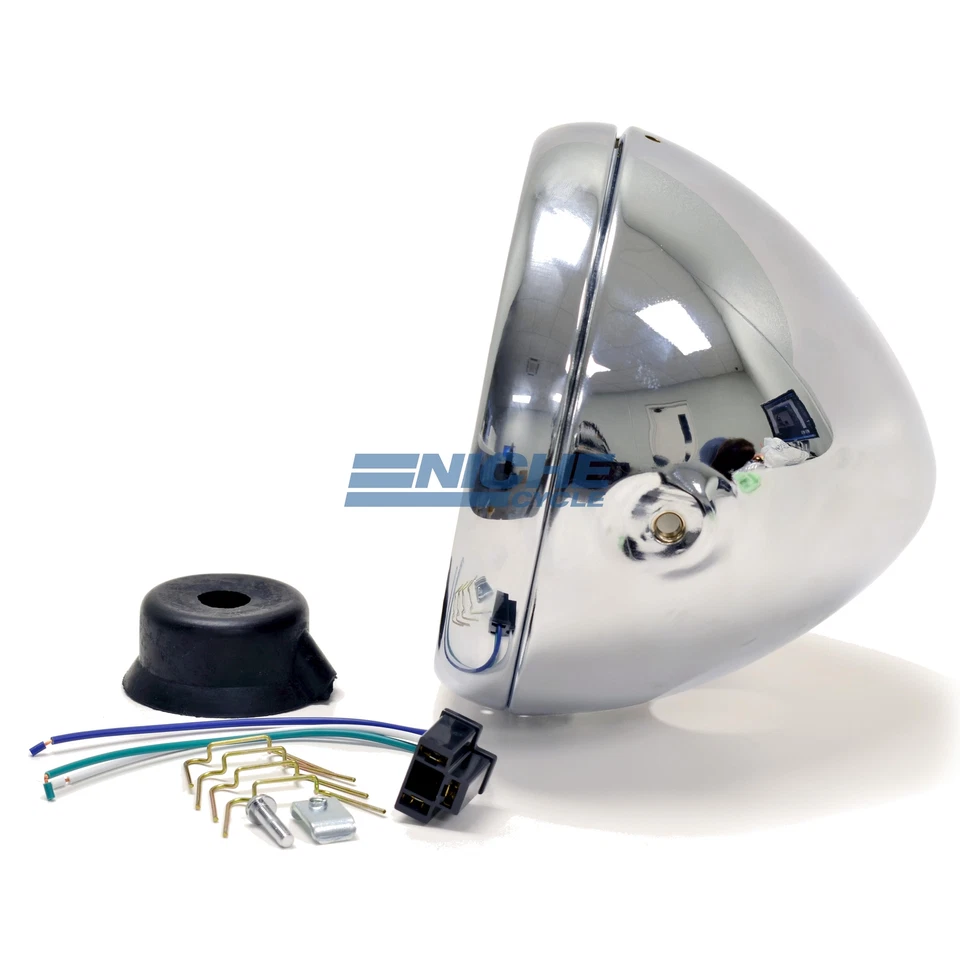 Classic 7" British-Style Chrome Headlight Shell Assembly Side Mount - Image 3 of 4
