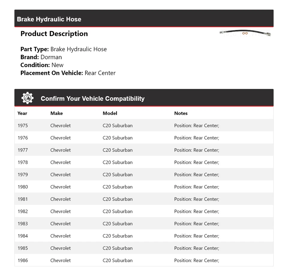 Manguera hidráulica de freno central trasero para Chevrolet C20 Suburban Dorman 1975-1986 Foto 2 de 4