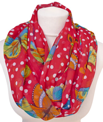 leichter Damen Loop Schal Schmetterlinge Punkte rot orange gelb blau gelb 1258 L