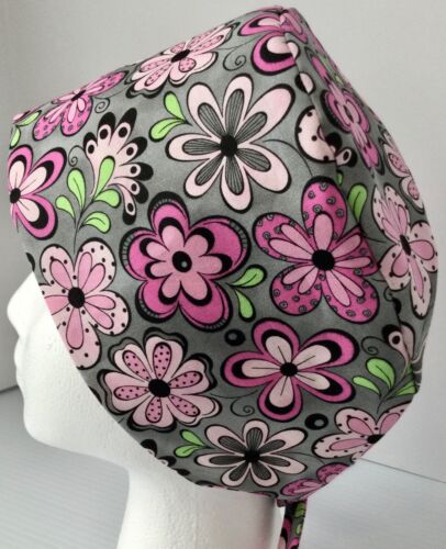 Pink Floral on Gray Lined Medical Scrub Cap Surgery Hat Chef Dental Veterinarian - Picture 4 of 4