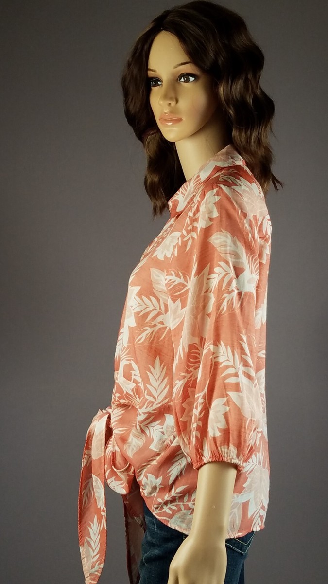 Alex & Parker Top 3/4 Sleeve Floral Tie Front Blouse Size L