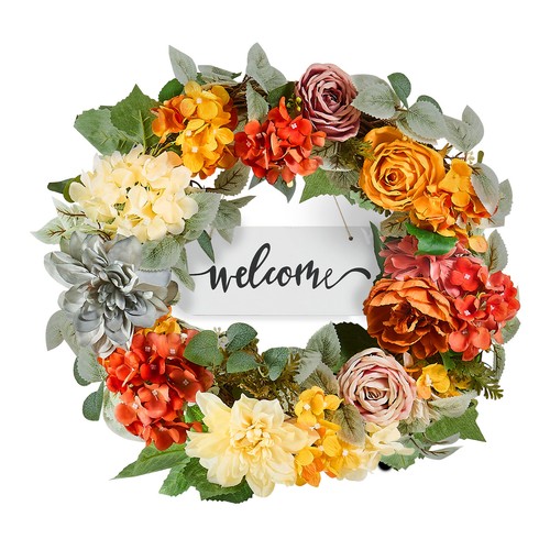 VEVOR Corona Decorativa Artificial con Hortensias Rosas Naranjas y Amarillas - Imagen 9 de 12