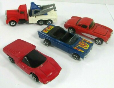 Vintage Lot 4 Diecast Cars 1970s  Tomica Wrecker Kidco 1957 Corvette Fiat 