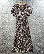 Next Womens Jumpsuit Size 6 Black Brown Beige Animal Print Stretch Knit V-Neck