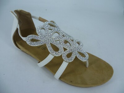 Flache Sandalen Truffle White Diamante Flower UK 4 EU 37 LN48 15