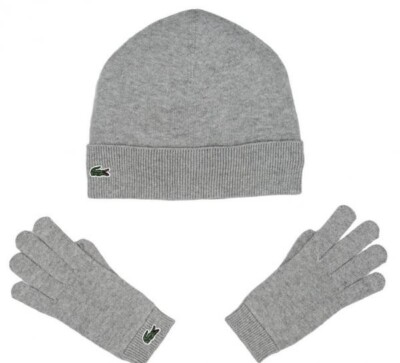 LACOSTE GIRLS COTTON & CASHMERE JERSEY BEANIE & GLOVES, Light Grey, Size S BNWT