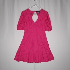French Connection Dress 8 Pink Cotton Mini Ruffle V-Neck Open-Back Barbie 2000s
