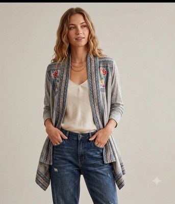 JW LA Johnny Was Gray Embroidered Floral Open-Front Shawl Collar Cardigan M