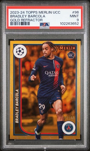 2023-24 Topps Merlin UCC Bradley Barcola #96 true Gold Refractor /50 RC PSA 9