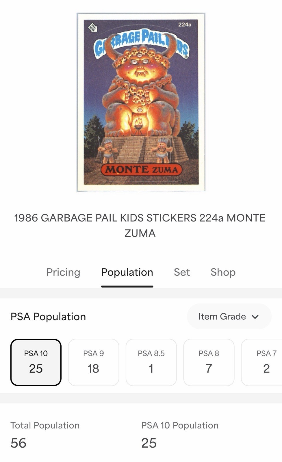 1986 Garbage Pail Kids 224a Monte Zuma PSA 10 Pop 25 OS6 Series 6 My Last One view 4