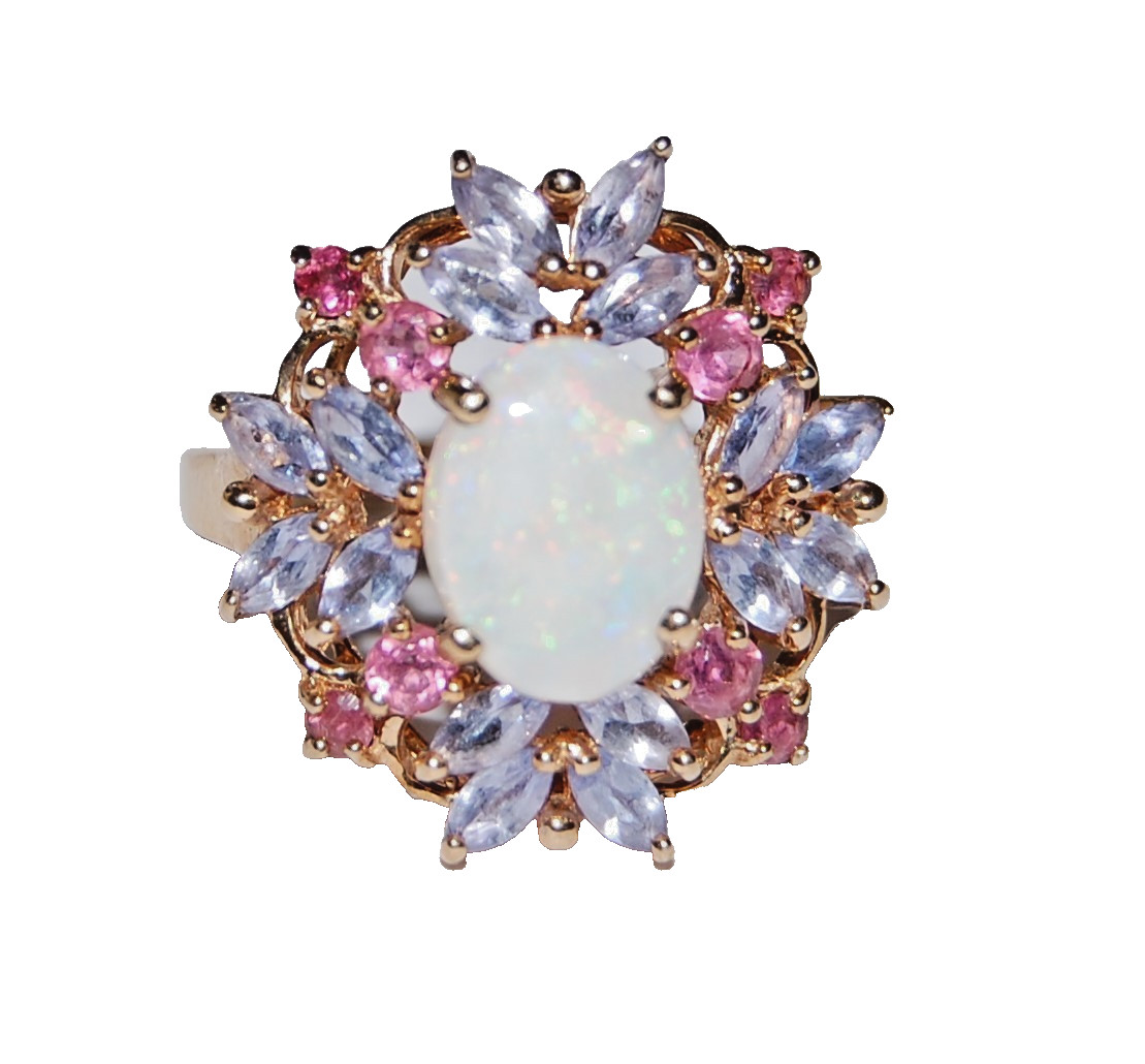 10K Gold Ring Fire Opal Tanzanite Ruby Floral Clu… - image 13