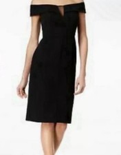 Vince Camuto Black Off Shoulder Knee Length Ruched Sheath Dress 14 NWT