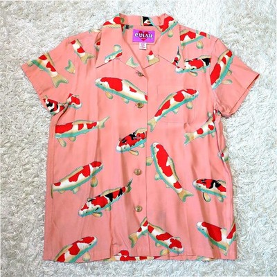 Evisu Donna Pink Koi Fish Short Sleeve Rayon Shirt Blouse Women's Size 34 Excell