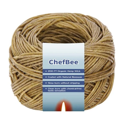 CHEFBEE 200 FT 100% Organic Hemp Wick, Hemp Wick Well Coated Natural Beeswax for Hemp Wi