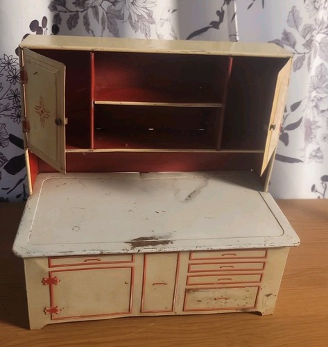 Vintage 1950's Cream Red Wolverine Doll Size Tin Hoosier Cabinet 13.5 Tall