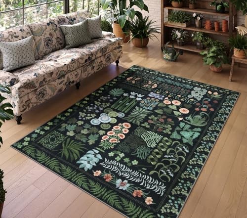 Blumen Boho 5x7 Vorleger für Wohnzimmer, Botanisch Schwarz Waschbar Schlafzimmer - Bild 1 von 6