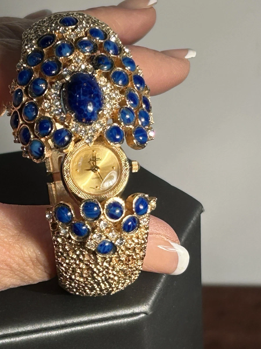 Pierre Jacquard statement bracelet Crystal estate ladies watch gold vintage HSN Pierre Jacquard Women Gemstone Gold Tone Bangle Oval Quartz  main image 2
