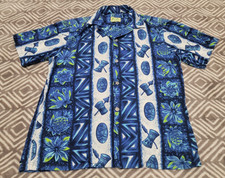 Vintage 60s Hawaiian Shirt Medium Tiki Blue Ui - Maikai Pineapple Floral