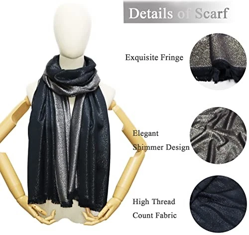  Chales y envolturas de pashmina metálicas brillantes para mujer largas de fiesta negras/plateadas Foto 3 de 4