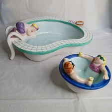 Vintage Lotus Swimming Pool Party Hot Tub Backyard Chip And Dip Ceramic Set 1995