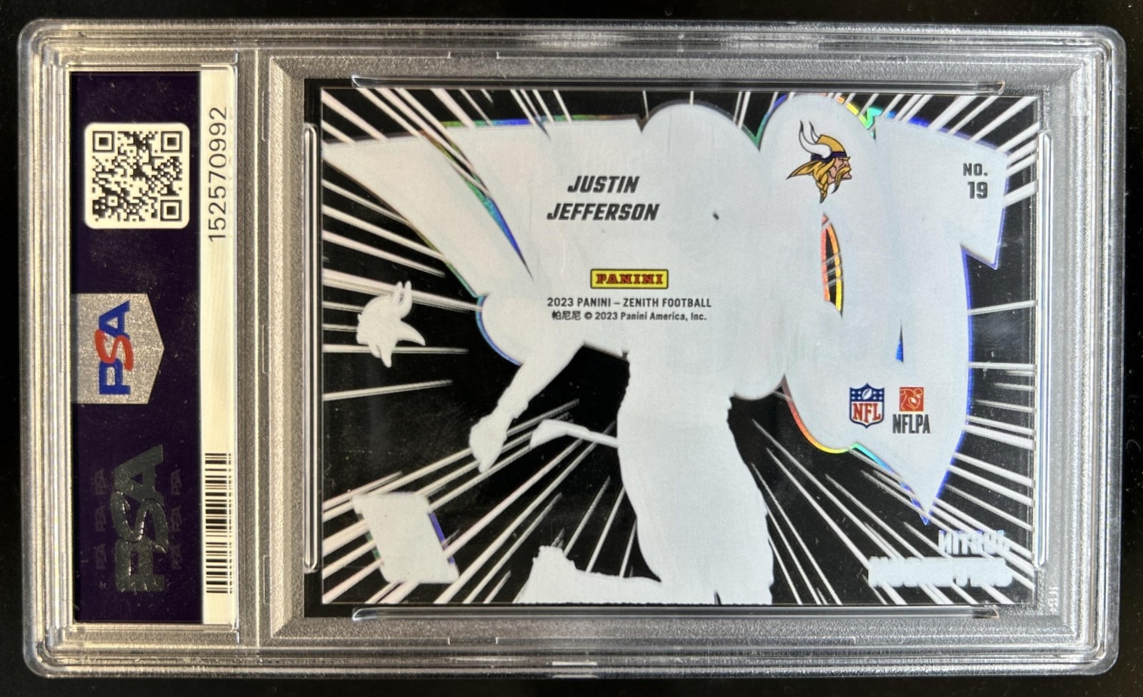2023 Panini Zenith Justin Jefferson Zoom! #19 Vikings PSA 9 view 2