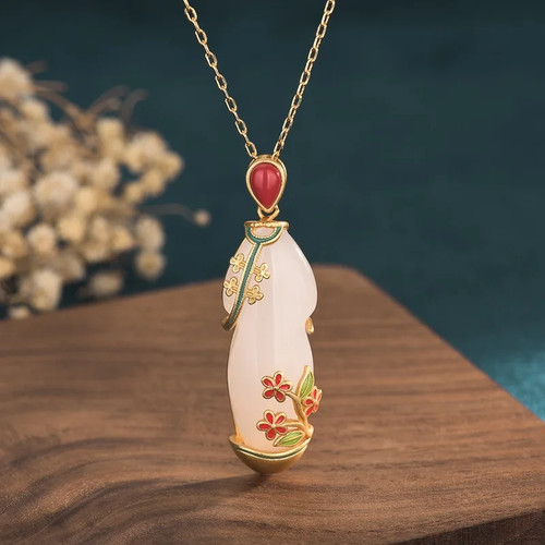 Exquisite Hetian Jade Frauen chinesische Hanfu Accessoires Cloisonne Halskette Anhänger - Bild 6 von 6