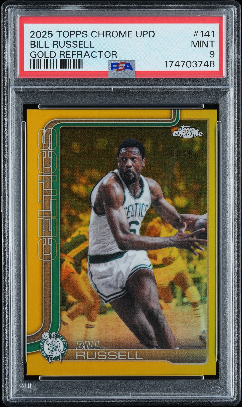 2025 TOPPS CHROME UPDATE GOLD REFRACTOR #141 BILL RUSSELL 8/50 PSA 9