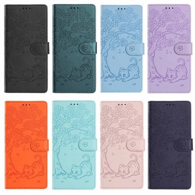 Emboss Tree Cat Wallet Phone Case For iPhone 17 16 15 14 13 12 11 Pro Max XR 16E