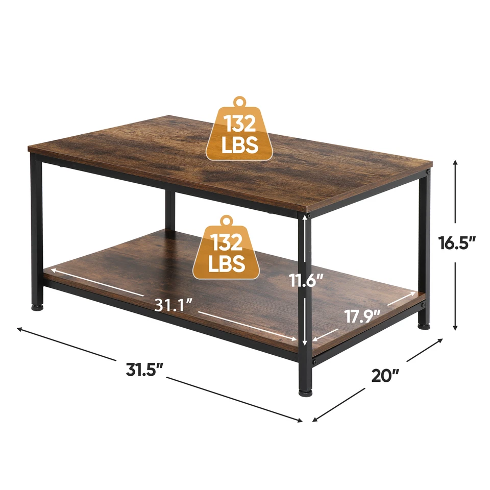 Rustic Wood Coffee Table Rectangular Coffee Table with Storage Shelf Durable 31" - Image 2 of 4