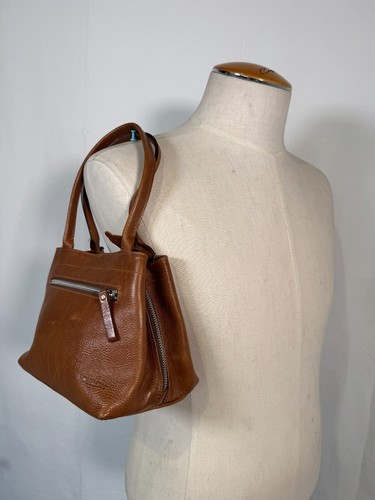 VTG Rovelon Luxury Cognac Tan Brown Leather Zips Small Tote Bag Handbag Purse - Picture 19 of 19