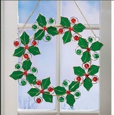 Stained Glass Christmas Holly Berry Wreath 12" Hanging Window Suncatcher