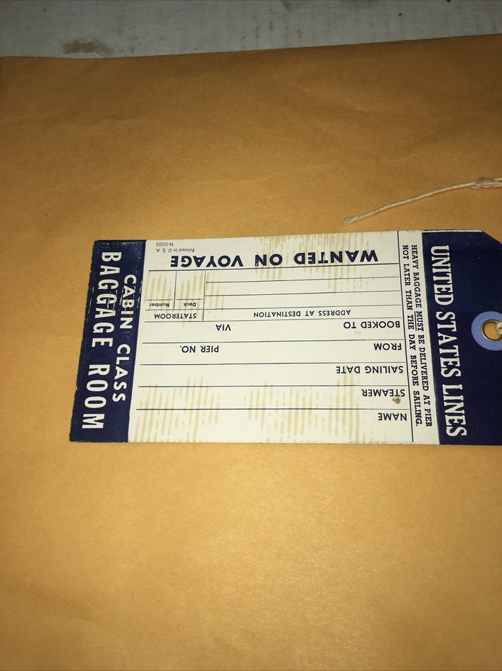 United States Lines All Europe Cabin Class Baggage Room Tag Luggage