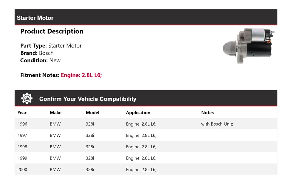 Para BMW 328i 1996-2000 2.8L L6 Bosch Arranque (Nuevo) 1997 1998 1999 Foto 2 de 4