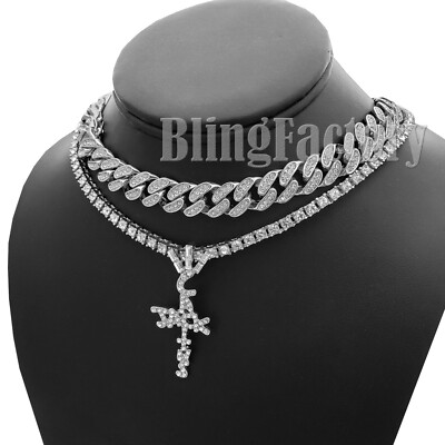 Travis Scott Cactus Jack Cross & 18" Iced Cuban & 1 Row Chain Hip Hop  Necklace | eBay