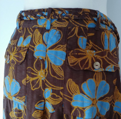 White Rice Brown Blue Floral Pleated Skirt With Braided Belt Medium 100% Rayon - Picture 5 of 6