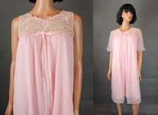 Vintage Peignoir Set S M Avian Pink Sheer Chiffon Lace Shortie Nightgown Robe