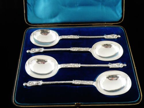 4 Large Cased Antique Sterling Silver Soup Spoons, Hallmarked London 1892 - Picture 3 of 12